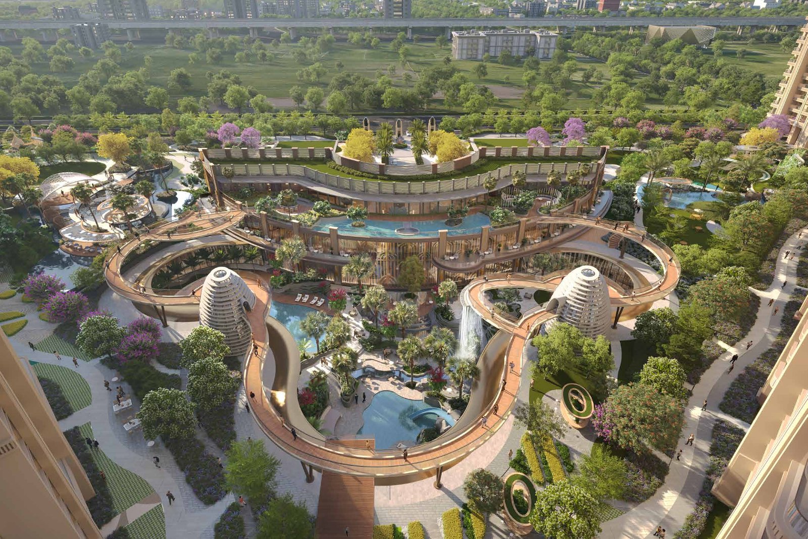 Aerial view of the clubhouse, pool decks and elevated walkways