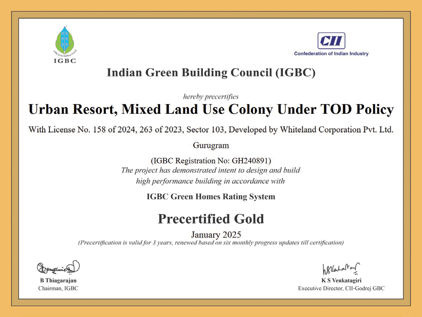 Indian Green Building Council certificate precertifying Urban Resort as IGBC Green Homes Precertified Gold, January 2025