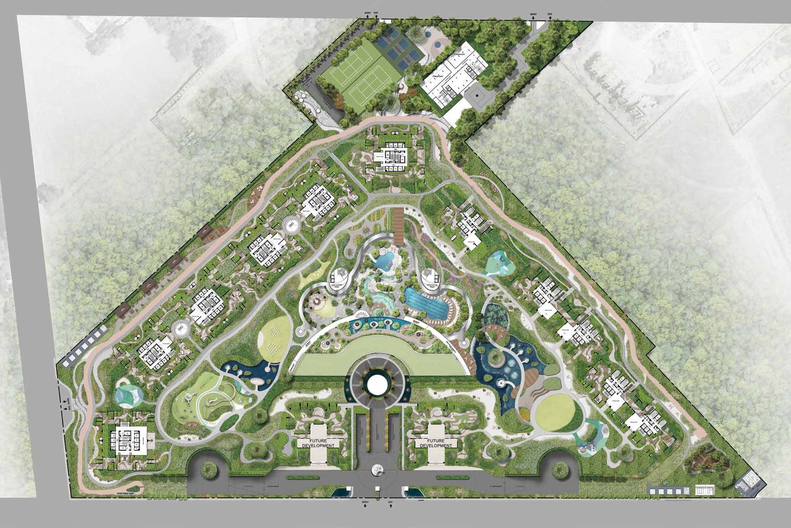 Rendered landscape masterplan of the central gardens, pools and activity tracks