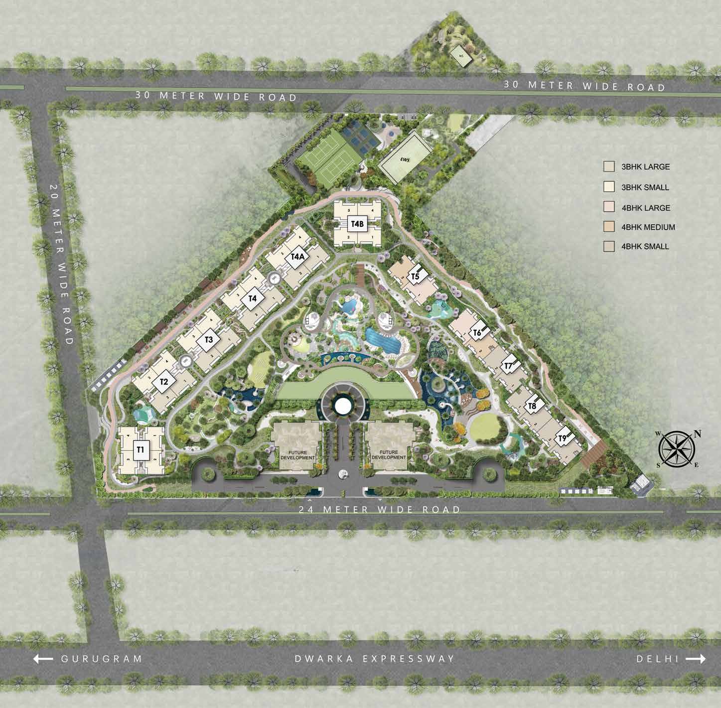 Site masterplan showing towers T1 to T9 with the 3 BHK and 4 BHK legend, bounded by the Dwarka Expressway