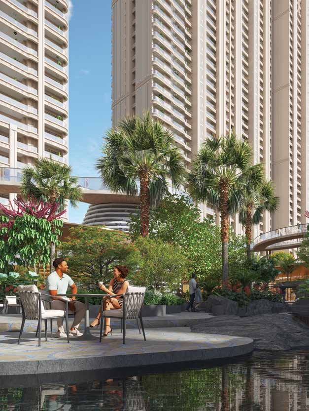 Residents at a podium-level café beneath the towers