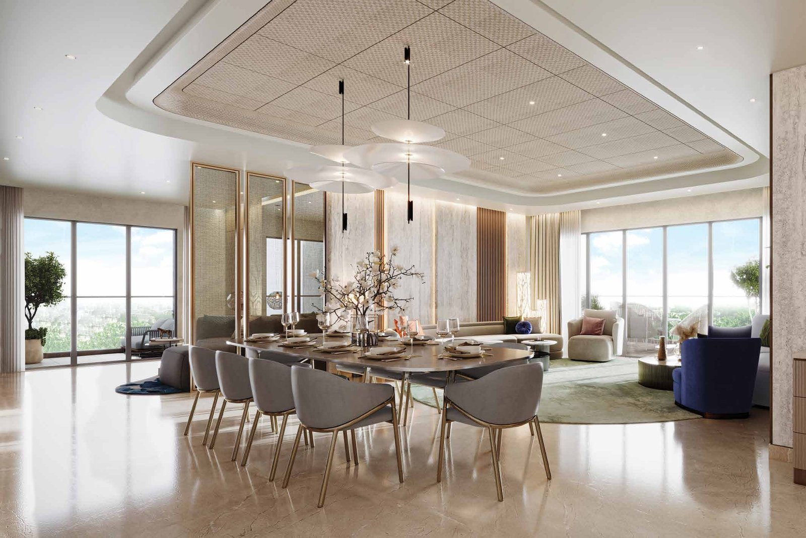 The living and dining room of a residence, opening onto balconies on two sides
