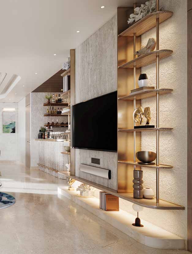 A residence lounge with backlit shelving and a home bar beyond
