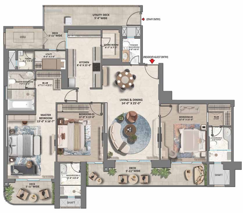 Unit plan for the 3 BHK (Large) residence