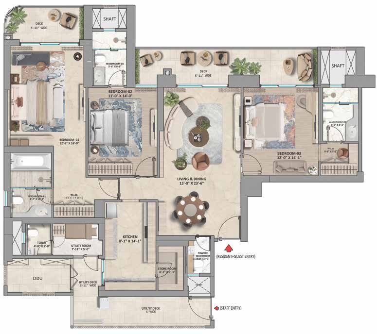 Unit plan for the 3 BHK (Small) residence