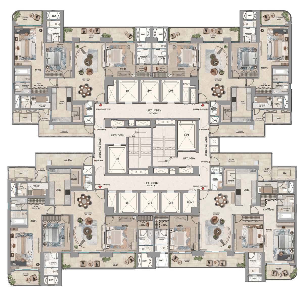 Core plan for the 3 BHK floor plate, showing the lift lobby and four units