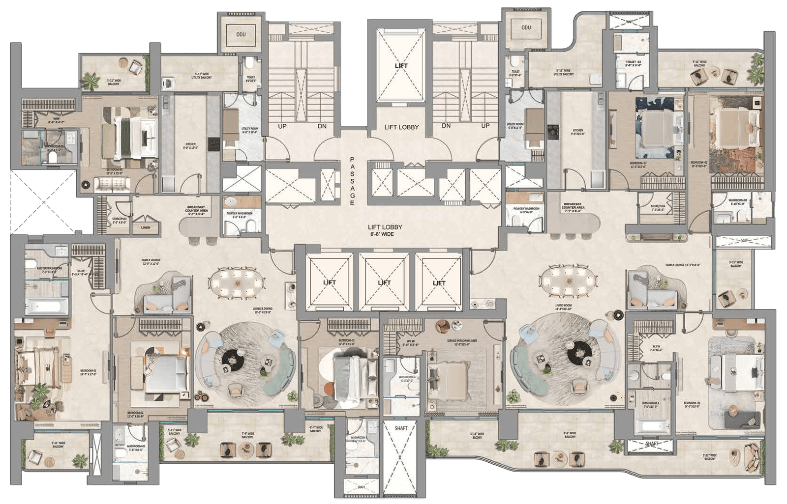 Core plan for the 4 BHK large and medium floor plate