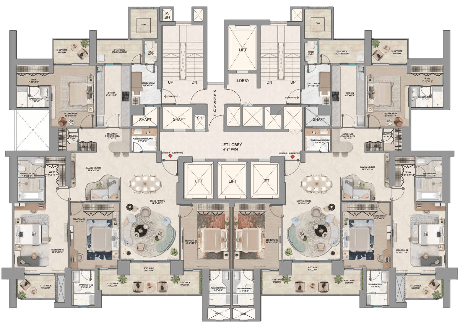 Core plan for the 4 BHK small floor plate